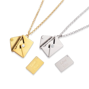 Polished stainless steel envelope necklace with openable Love You letter pendant