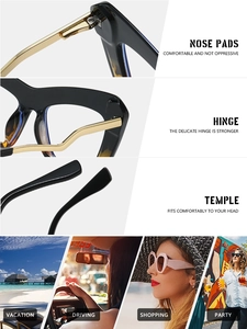 Detail of reinforced hinges and nasal pads on stylish TR90 blue light blocking glasses