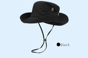 Detail of black outdoor sun hat featuring wide brim, metal vents and adjustable wind cord
