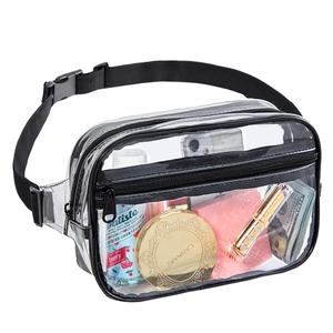 Clear PVC waist bag with black nylon straps featuring two zippered compartments
