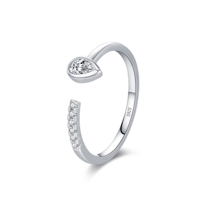 S925 sterling silver open ring with teardrop gemstone and small stones on white background