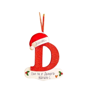 Close-up of a red glitter letter D ornament with a Santa hat and personalized banner