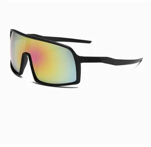 Detail of matte black cycling glasses with large rainbow mirrored lens for sports