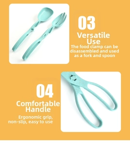 Detail of detachable wheat straw food tongs splitting into a separate spoon and fork
