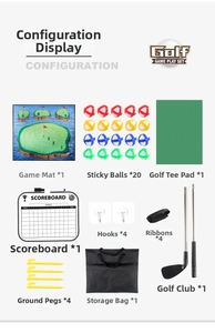 Componentes del set de golf para niños con alfombra de juego y bolas adhesivas de colores