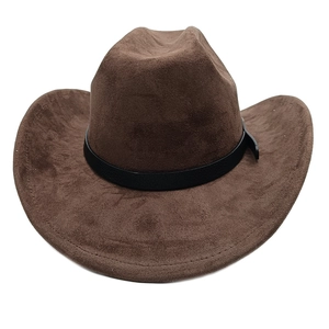 Macro detail of dark brown faux suede western cowboy hat with black leather belt buckle