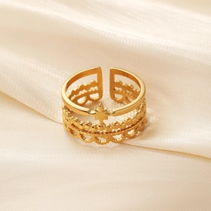 Elegant gold-plated stainless steel multi-layer open ring with star and heart patterns