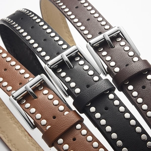 Punk style PU leather belts with silver rivets in black, dark brown, and tan colors