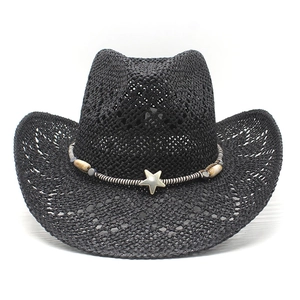 Black hollow western cowboy straw hat with silver star ornament and ethnic beads