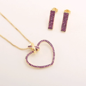 18k gold plated jewelry set with heart pendant and pink zircon pave stud earrings