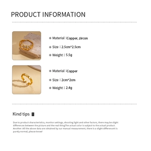 Detail view of 24k gold plated geometric zircon open ring and heart chain design details