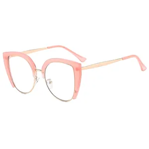 Elegant cat-eye blue light blocking glasses with pink frames and gold metal temples