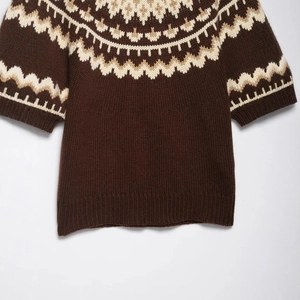 Dark brown Fair Isle knit sweater with geometric patterned neckline and cuffs on plain background