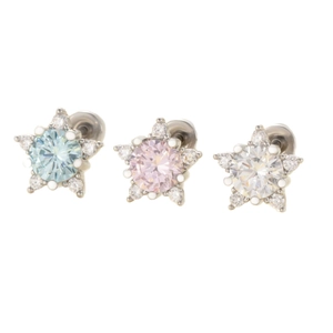 Titanium steel star stud earrings with blue pink and white zircon stones on white background