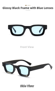 Detail view of glossy black rectangle sunglasses with light blue lenses from two angles