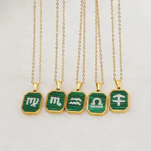 Collier Pendentif Signe Du Zodiaque Acier Inoxydable Avec Malachite Et Strass Bijoux De Constellation Pour Femmes