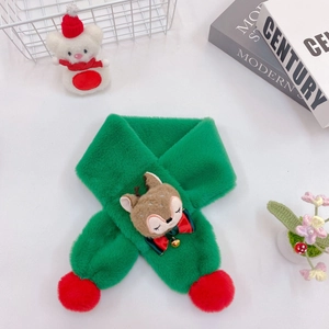 Green plush scarf for kids with cute elk doll and red pompoms for Christmas season