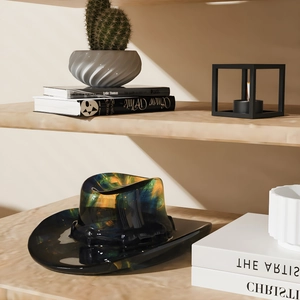 Artistic cowboy hat shaped resin jewelry tray with colorful vibrant swirl textures