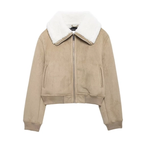 Blouson aviateur en daim kaki pour femme avec col en peau de mouton blanche et ourlet