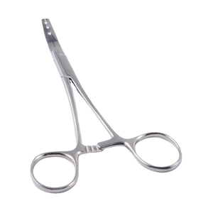 Stainless steel piercing forceps with locking mechanism and single hole design on white background