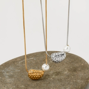 316 Stainless Steel Necklace Featuring Irregular Textured Metal Ball And Round Artificial Pearl Square Snake Chain Chic For Women