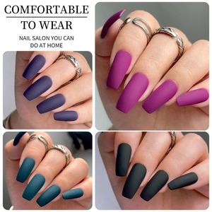 Matte finish long ballerina press-on nails set in dark purple, green, and black colors