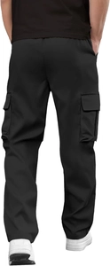Rear view of black cargo pants showing the classic flap pocket and straight leg fit