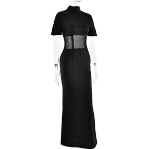 Detail of sheer mesh patchwork on the waist of this elegant black bodycon maxi dress