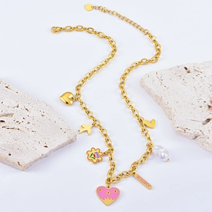 Gold chunky chain necklace with colorful heart, flower and Amour rectangular pendants