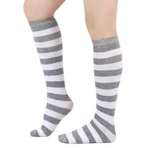 Detail of grey and white striped knee-high socks showing high-density cotton knit texture