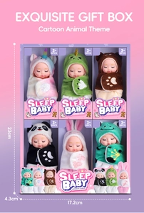 Exquisite gift box with six cute mini sleeping baby dolls in animal plush capes