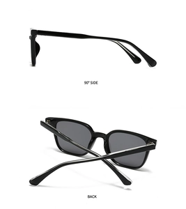 Detailed views of black vintage sunglasses showing 90-degree side profile and folded back view