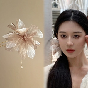 Vintage Flower Hair Stick Alloy Organza Floral Hairpin With Artificial Pearl Tassel U Shaped Hair Fork Chinese Style For Women