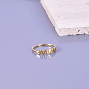 Vue détaillée d'une bague vague en acier titane doré sur un support en pierre sobre