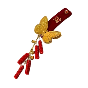 Red velvet Chinese style hair clip with golden butterfly and festive tassel pendant