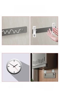 Installation detail showing adhesive application and wall mounting steps for the tool rack