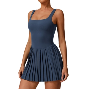 Blue square neck tennis dress with pleated skirt and wide straps for athletic sports