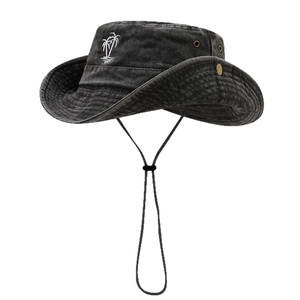 Dark grey outdoor bucket hat with palm tree embroidery and adjustable wind string