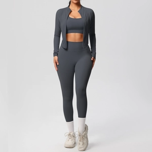 Set yoga da 3 pezzi con giacca a maniche lunghe, reggiseno sportivo e leggings a vita alta grigi