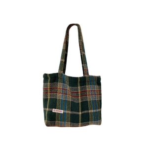 Large plaid woolen tote bag for women featuring vintage green and blue tartan pattern