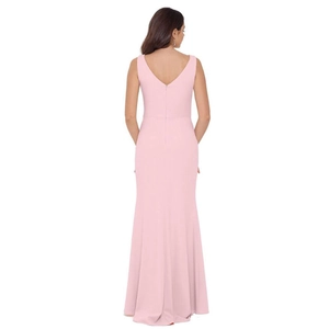 Elegant slim fit pink evening gown with deep V-back and flowing mermaid floor-length hem