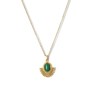 Collier vintage français plaqué or 18K avec pendentif soleil en malachite verte