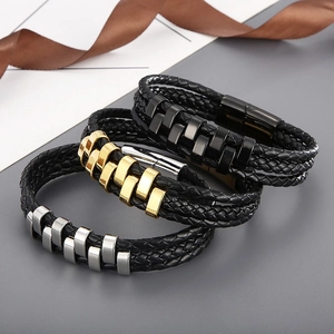 Men's multilayer braided leather bracelet with gold, silver and black metal buckles