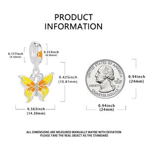 Detail showing 925 sterling silver butterfly charm dimensions with a coin for scale