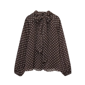 Elegant coffee brown long-sleeve polka dot blouse with bow-tie neck in a flat lay view