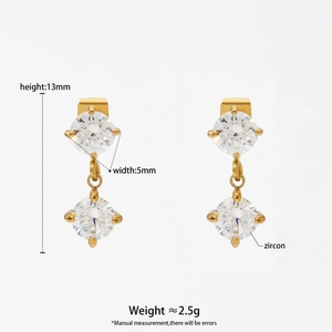 Detail view of 13mm gold stainless steel zircon earrings with specific size measurements