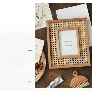 Detail of 5x7 inch rectangular solid wood photo frame with woven rattan back panel texture
