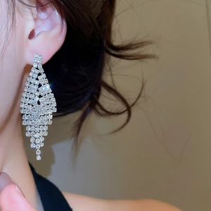 Detail shot of silver fringe earrings with rhinestones worn by a model for a formal look