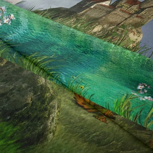 Detail of high-definition floral landscape print on durable woven tapestry fabric