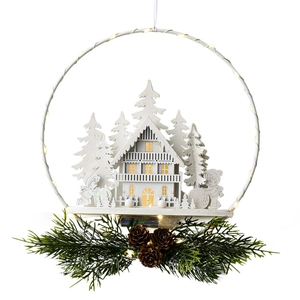 Nordic white wooden Christmas LED door hanging with deer castle and pine cone decor